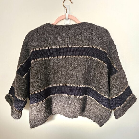 Brunello Cucinelli Alpaca Virgin Wool Metallic Stripe Cropped Sweater, XL, Grey - Picture 2 of 8